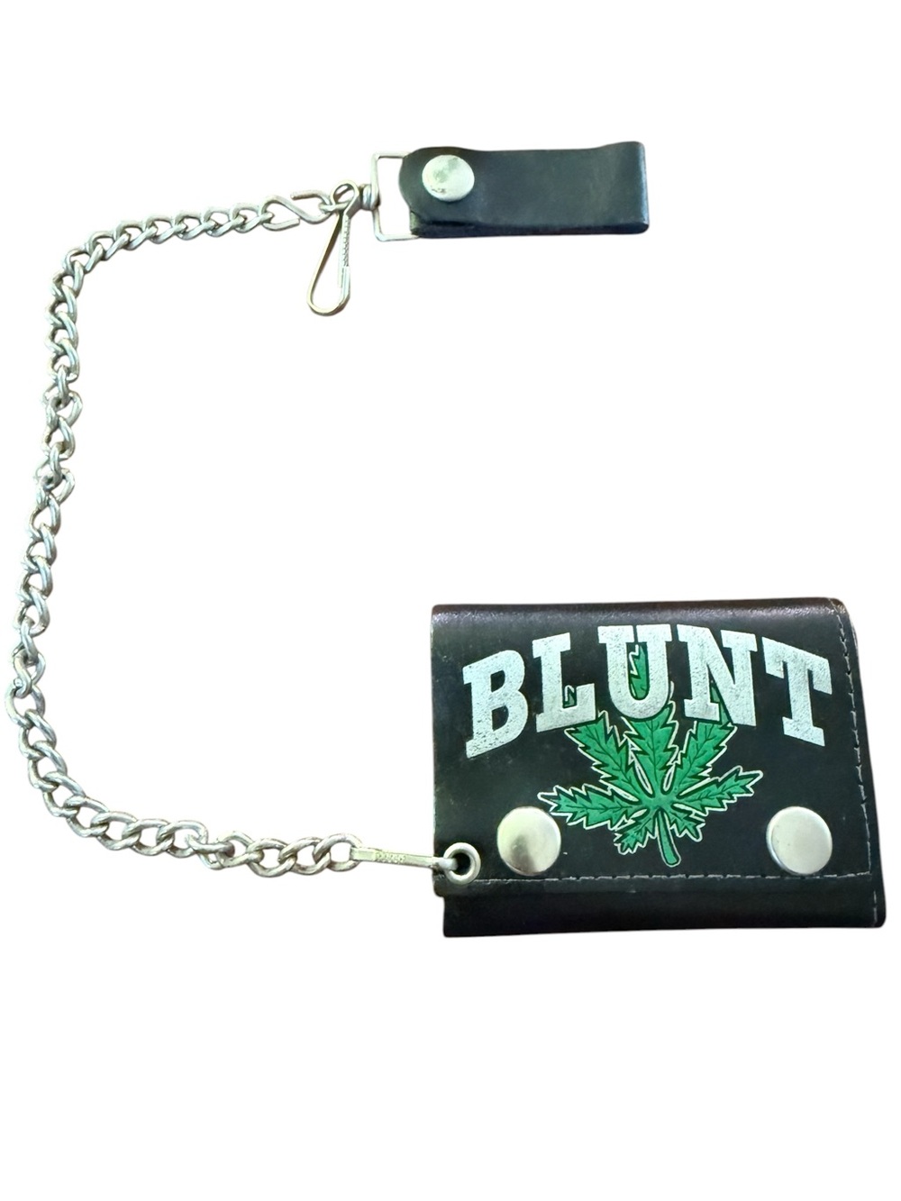 Vintage Blunt Marijuana Leaf Weed Black Leather Chain Trifold Wallet Made in USA